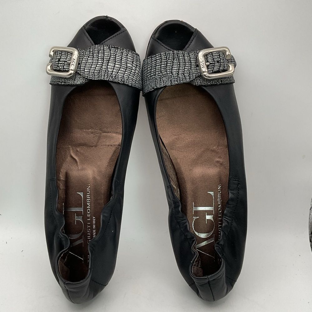 AGL ladies ballet flats shoes 38 1/2 us 8 1/2 black silver peep toe leather chic - Picture 8 of 13